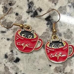 Teacup Cat Kitty in a Coffee Cup Cafe Dangle Drop Earrings NEW